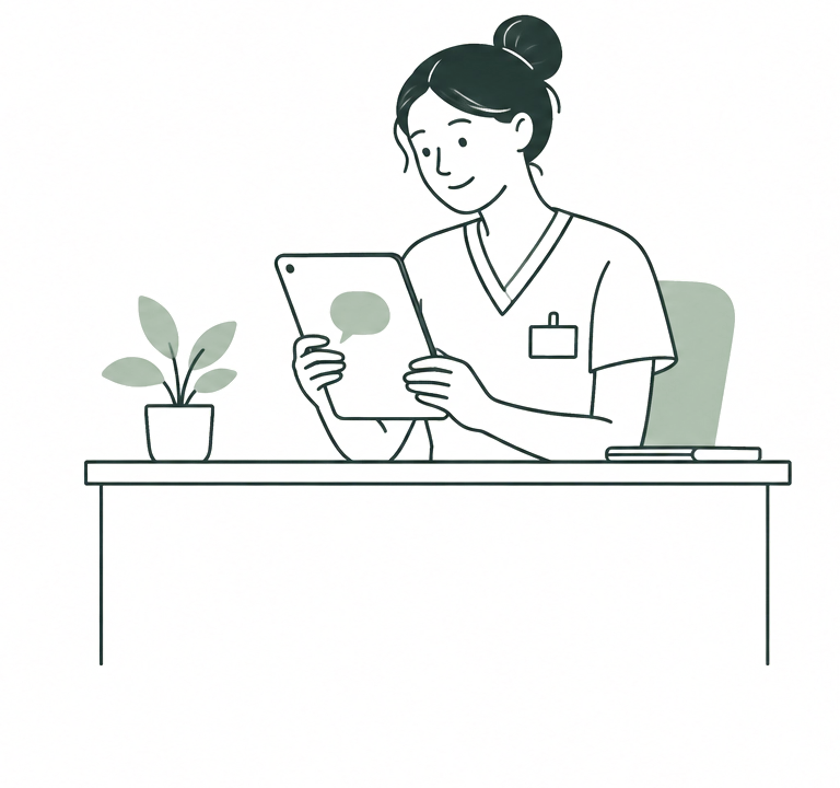 At the care center, her nurse reads what she said on a tablet.