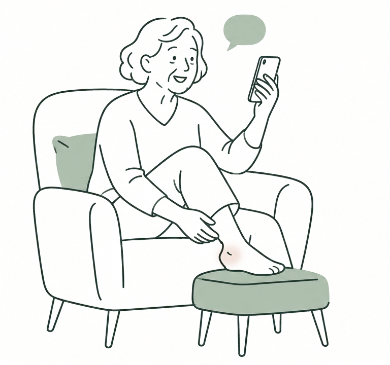 At home in her armchair, an older woman talks on a video call on her phone and touches her ankle.